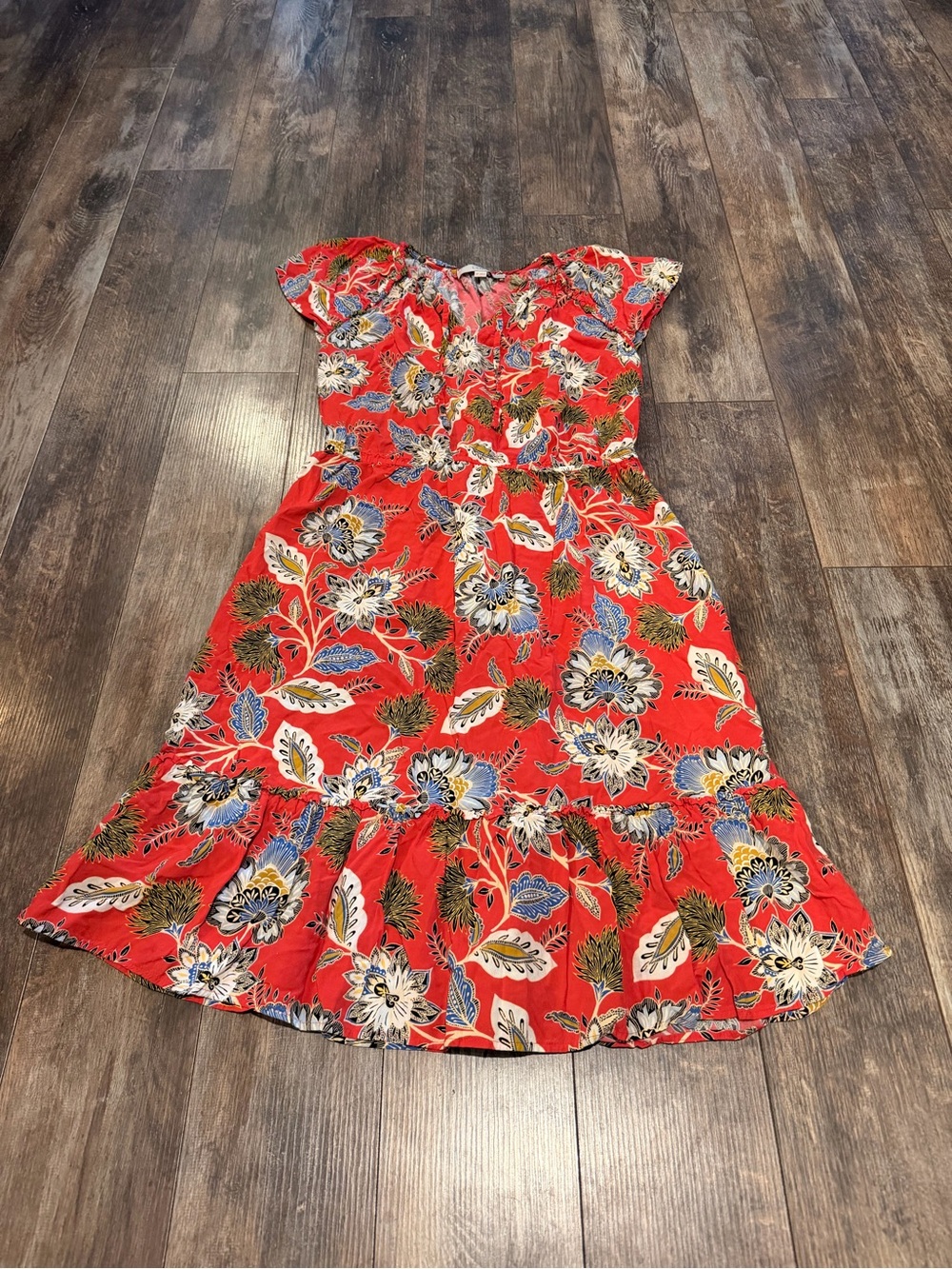 LOFT Red Floral Midi Dress with Blue and Cream Accents